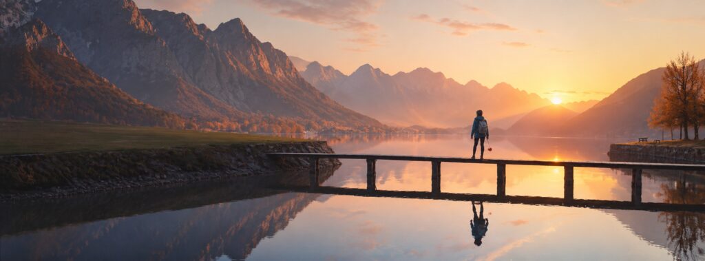Still mountain lake at sunset, a figure on a wooden pier
