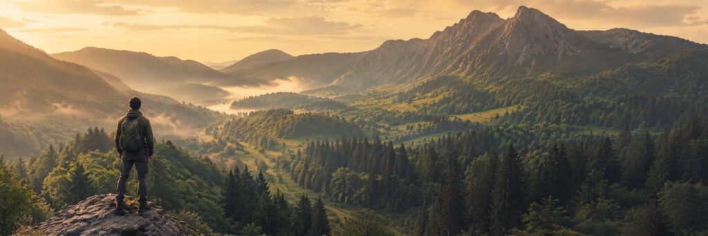 A hiker on a ledge overlooking a misty mountain valley at dawn