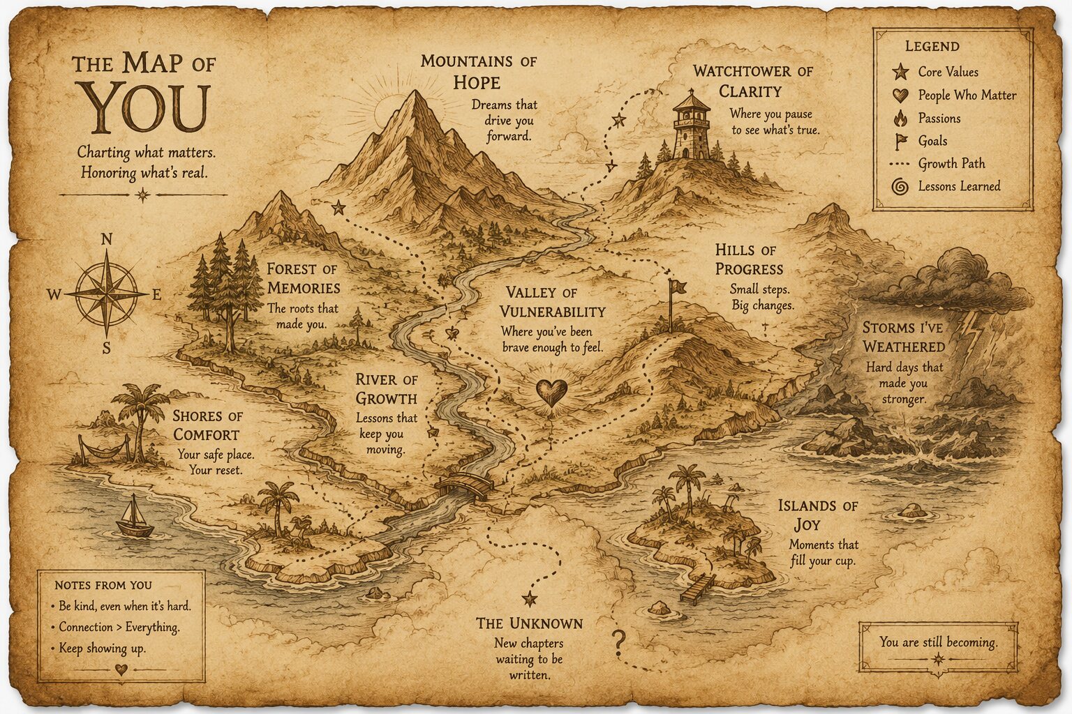 The Map of You — a hand-drawn map: Mountains of Hope, Forest of Memories, Valley of Vulnerability, Watchtower of Clarity, Hills of Progress, Storms I've Weathered, Shores of Comfort, River of Growth, Islands of Joy and The Unknown, with a legend and notes.